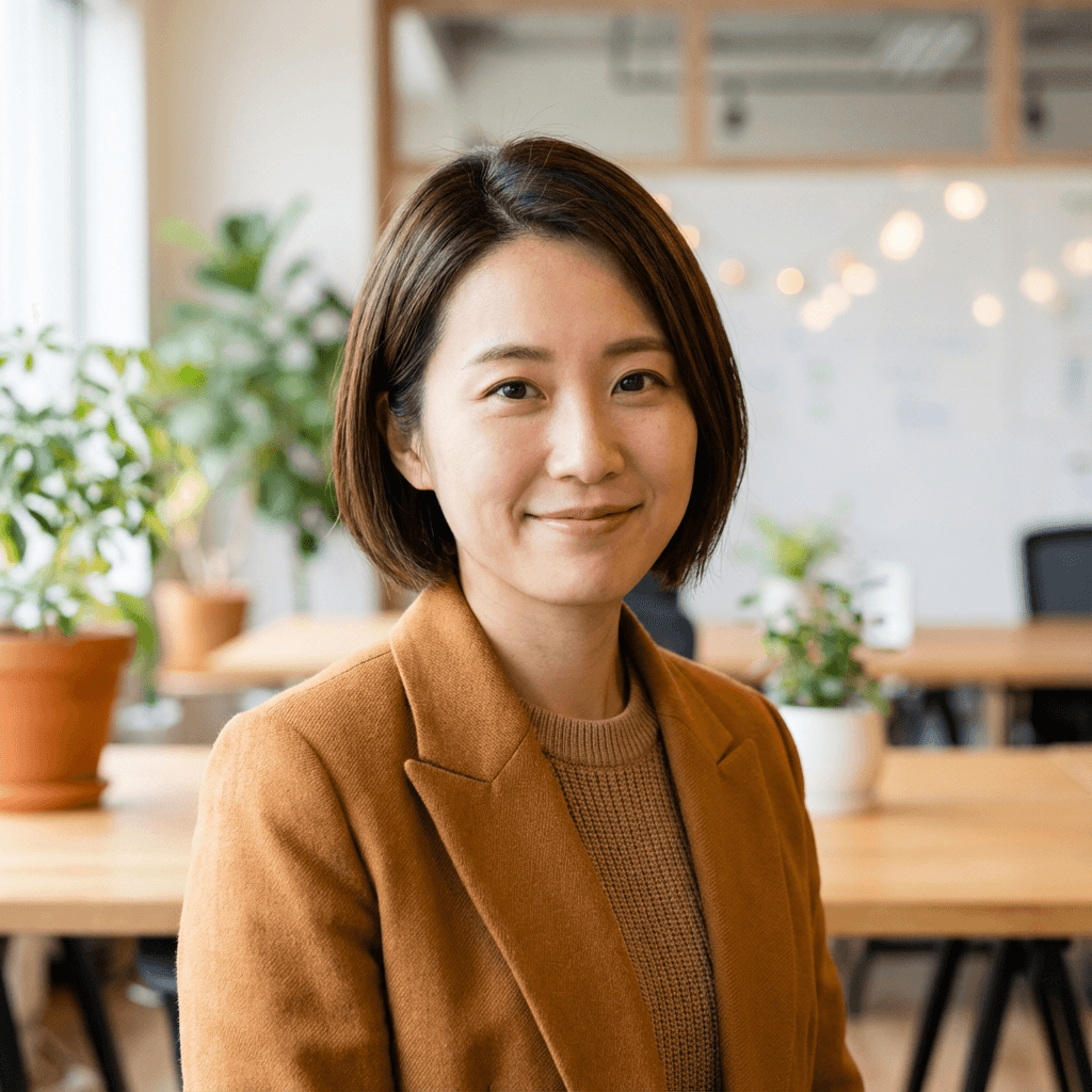 Maya Chen, content strategist at Sachak Content Creation, smiling at her desk surrounded by mood boards and a laptop