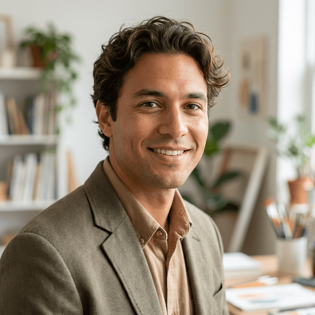 Samuel Hansen, owner of Sachak Content Creation, standing confidently in a modern studio with soft natural light
