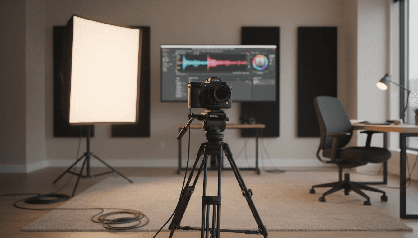Video production studio set with professional camera and lighting equipment