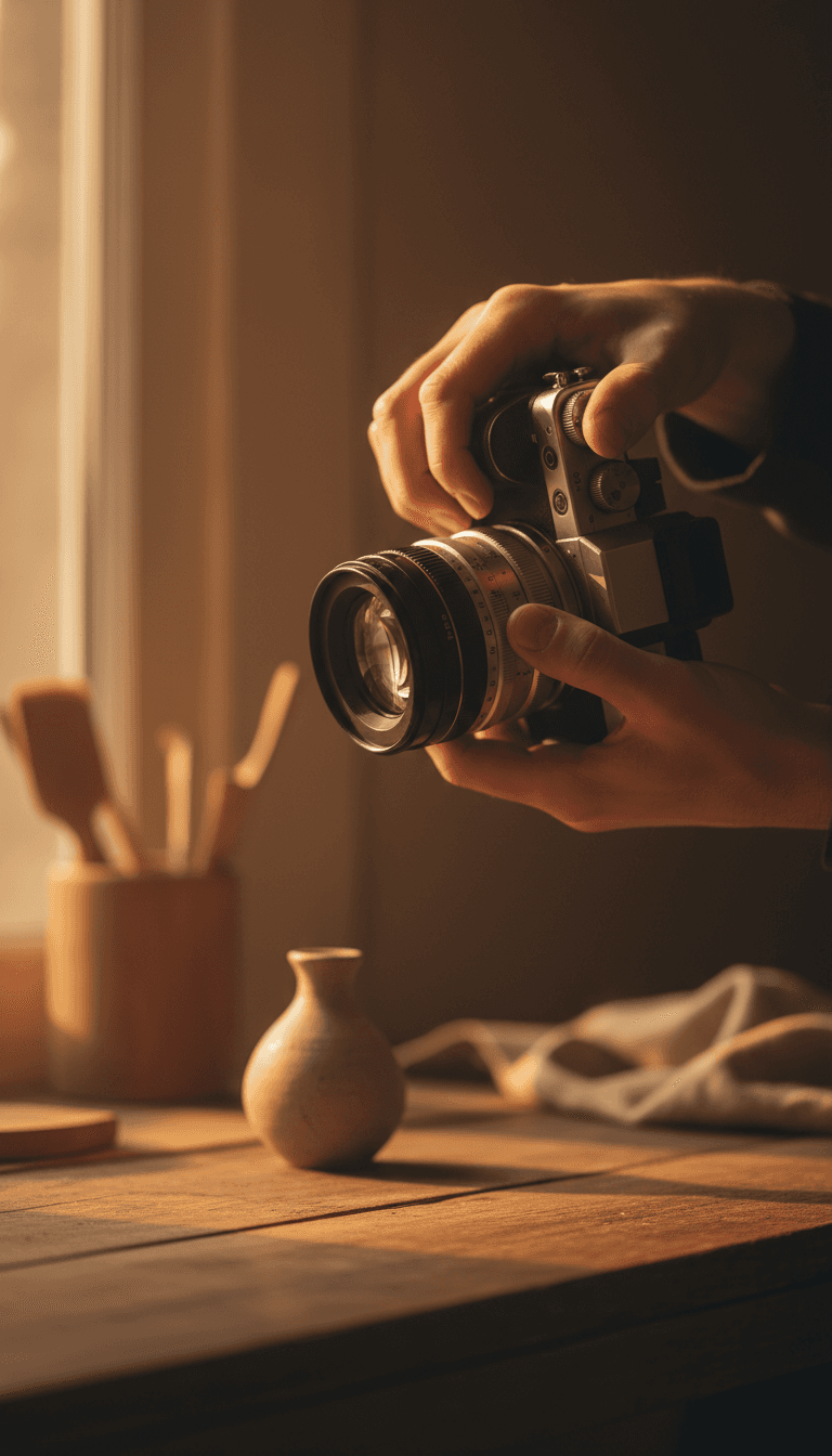 Close-up of hands holding a camera during a product shoot