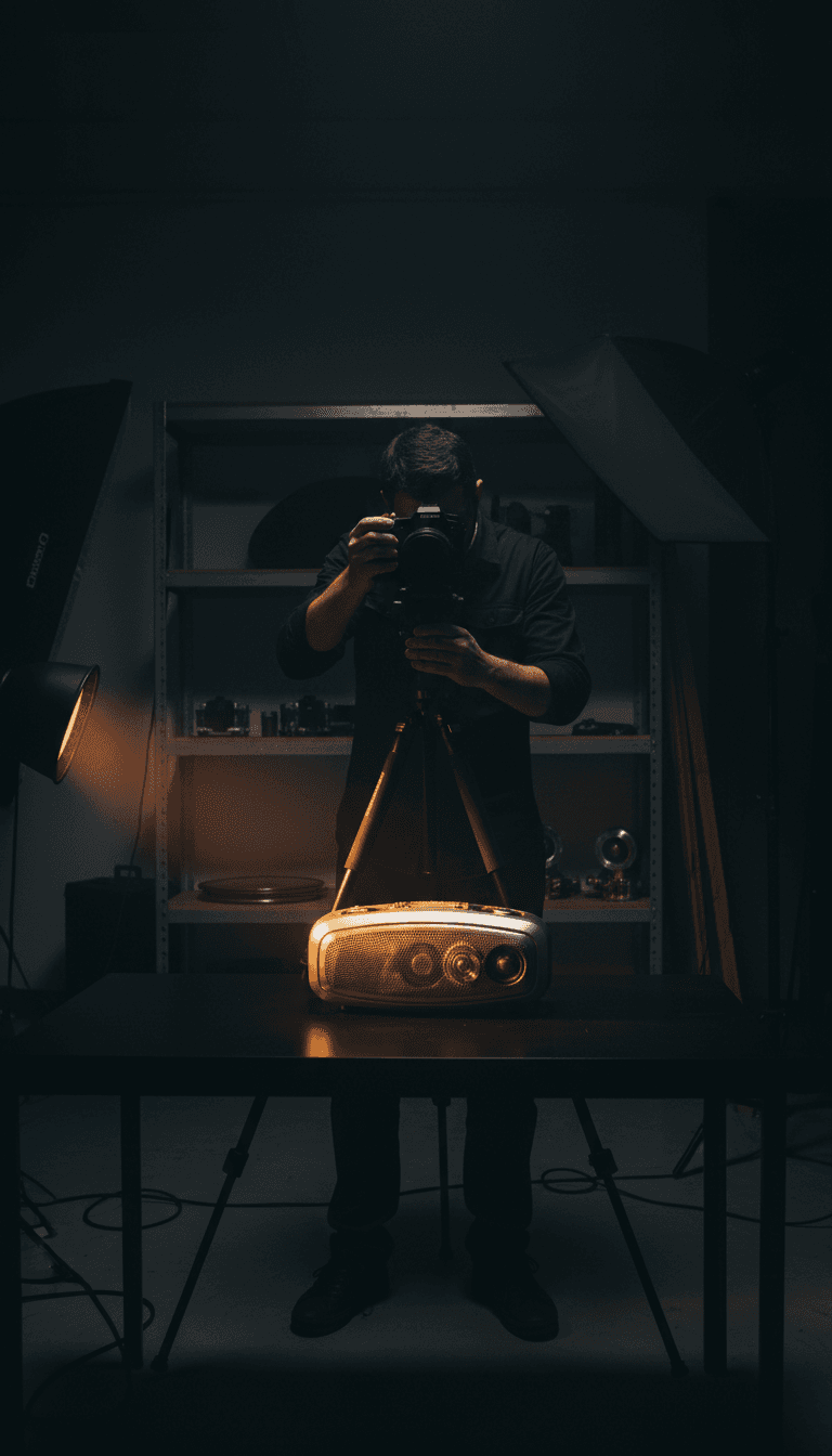 Photographer adjusting a camera on a tripod in a studio