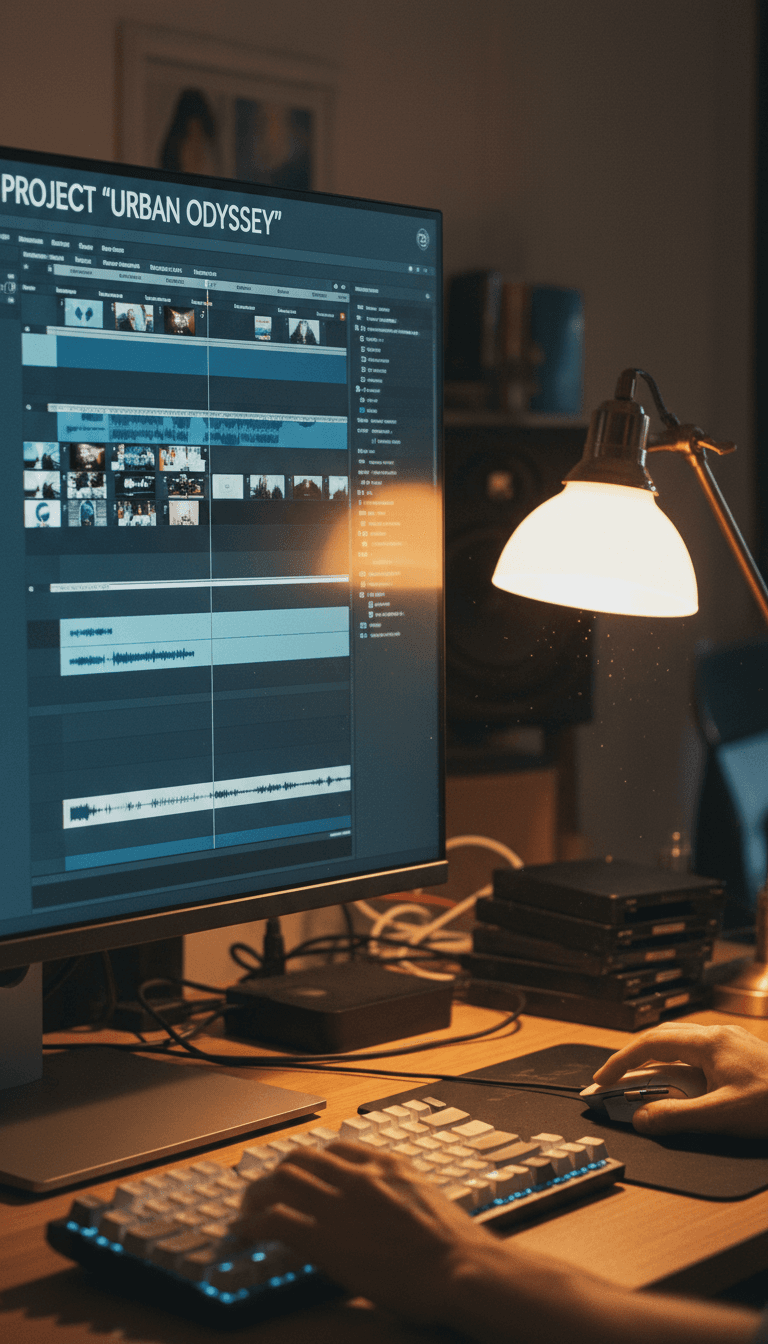 Hands editing a video timeline on a computer monitor