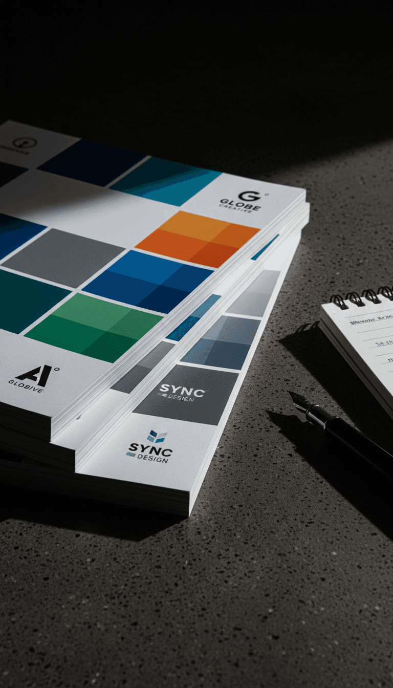Close-up of printed brand guidelines with color palettes