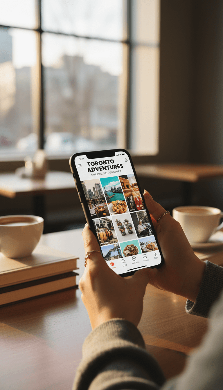 Hand holding a smartphone with a colorful social media feed in a bright café