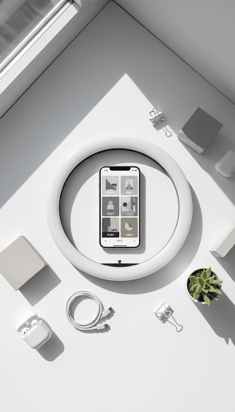 Overhead flat lay of a smartphone and ring light for content creation