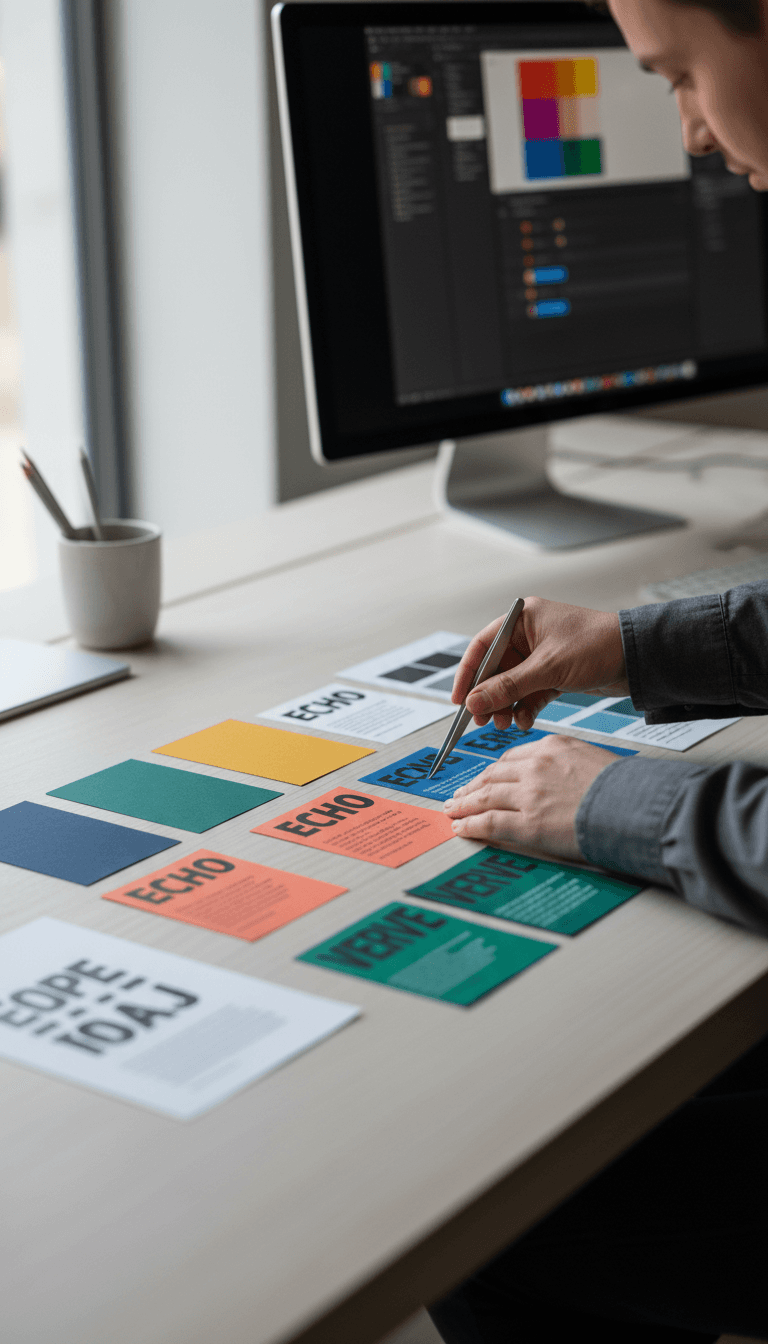 Designer arranging brand color swatches and typography samples