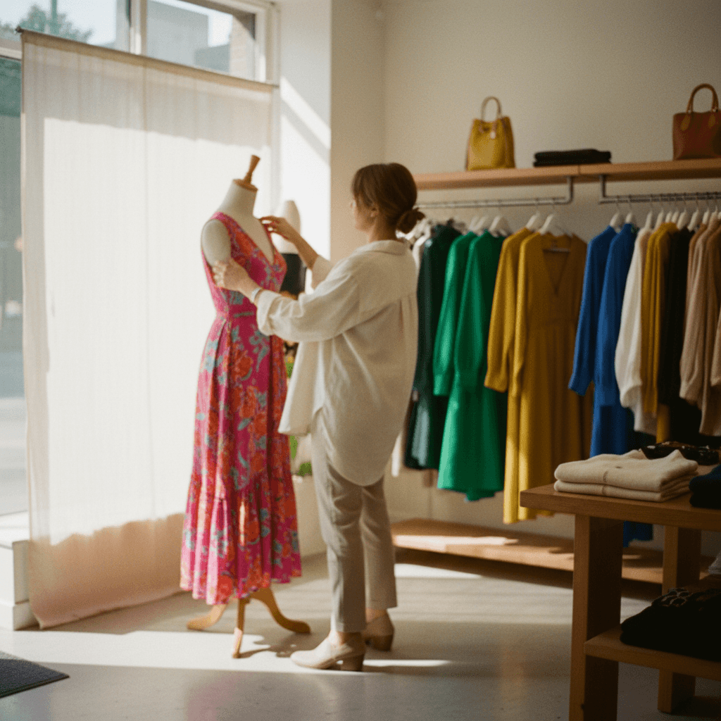 Boutique owner styling a window display for a retail brand
