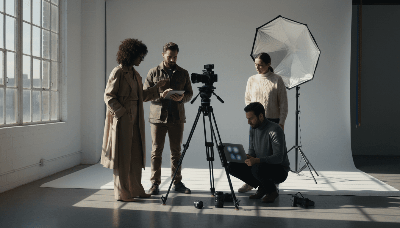 Creative team filming a video shoot in a modern studio