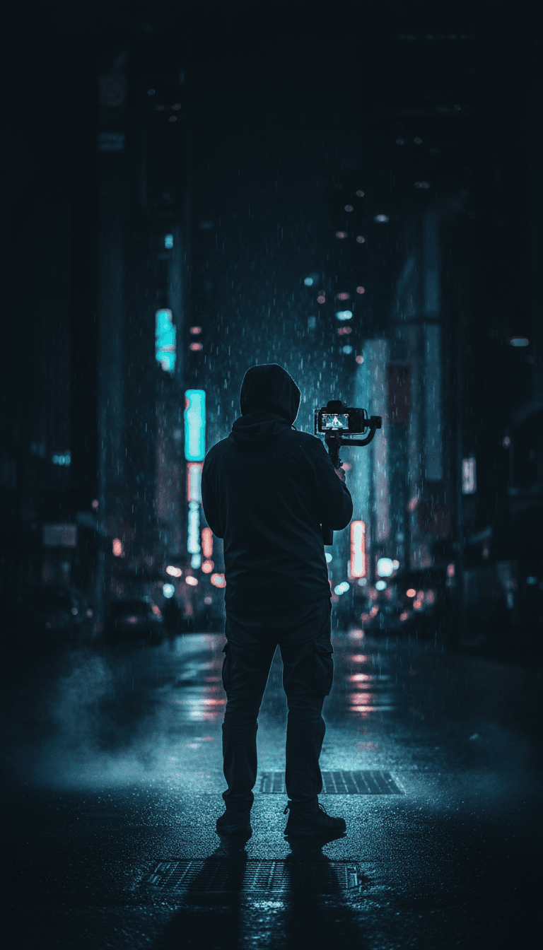Videographer filming with a gimbal in an urban setting at dusk