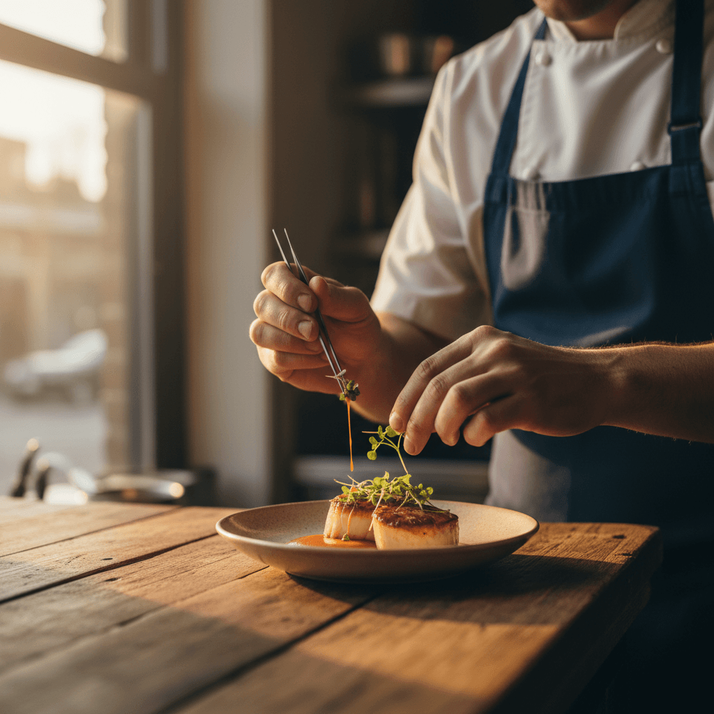 Chef plating a gourmet dish for a restaurant brand