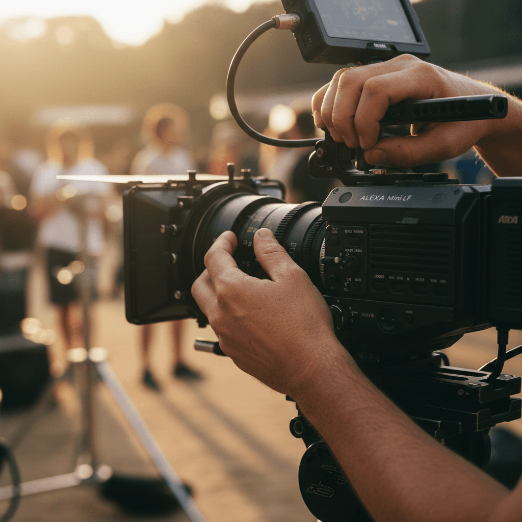 Camera operator adjusting focus during a video shoot