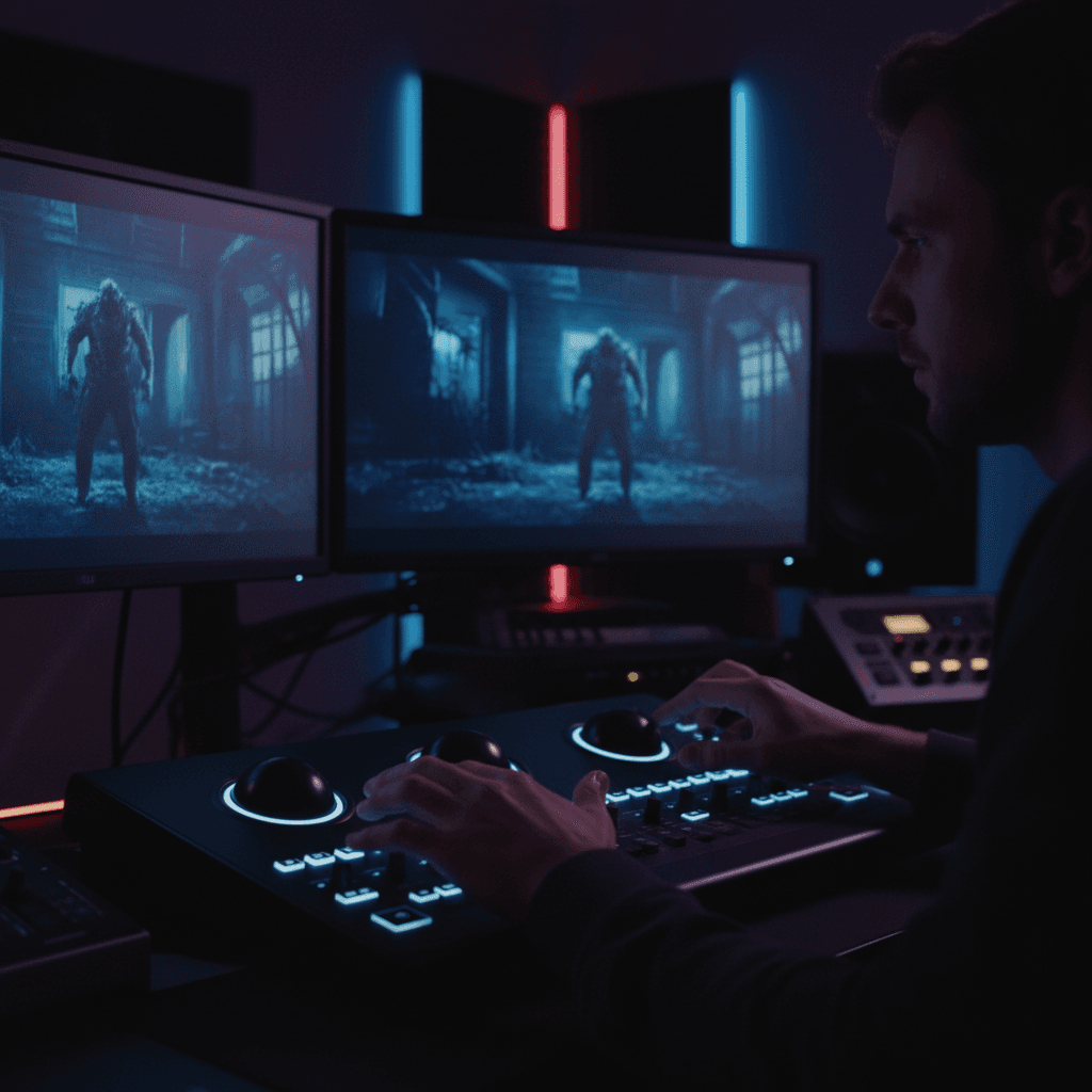 Color grading a video timeline at a dark editing suite