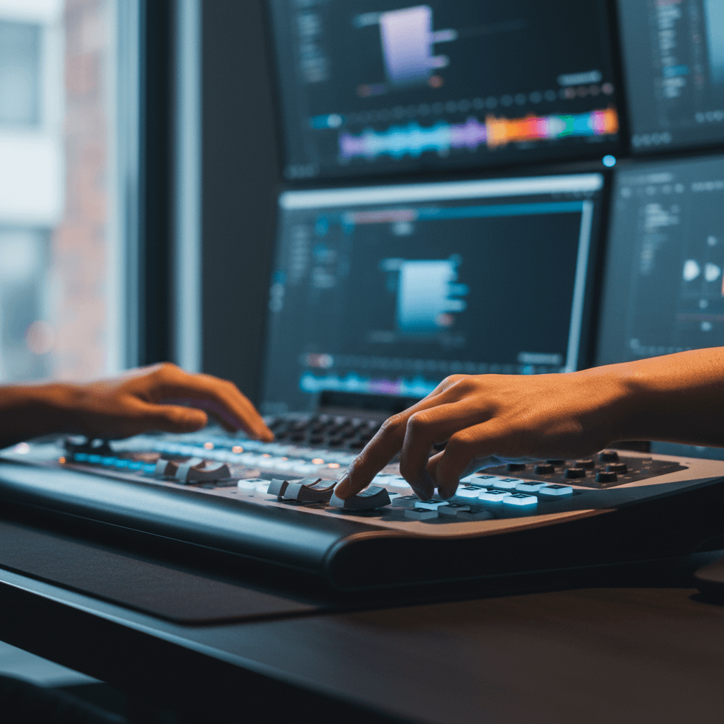 Video editor's hands working on timeline in editing software