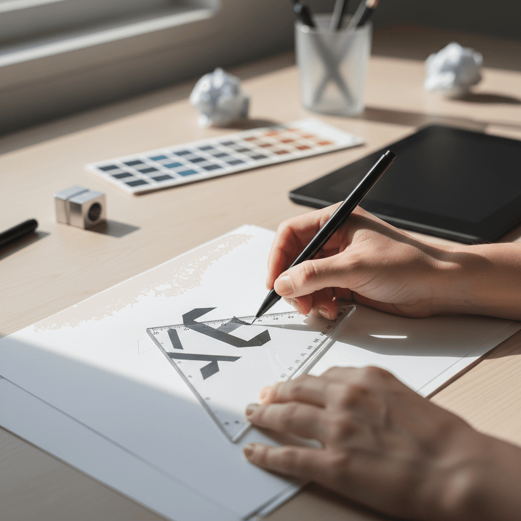 Hand sketching logo concepts in a sketchbook