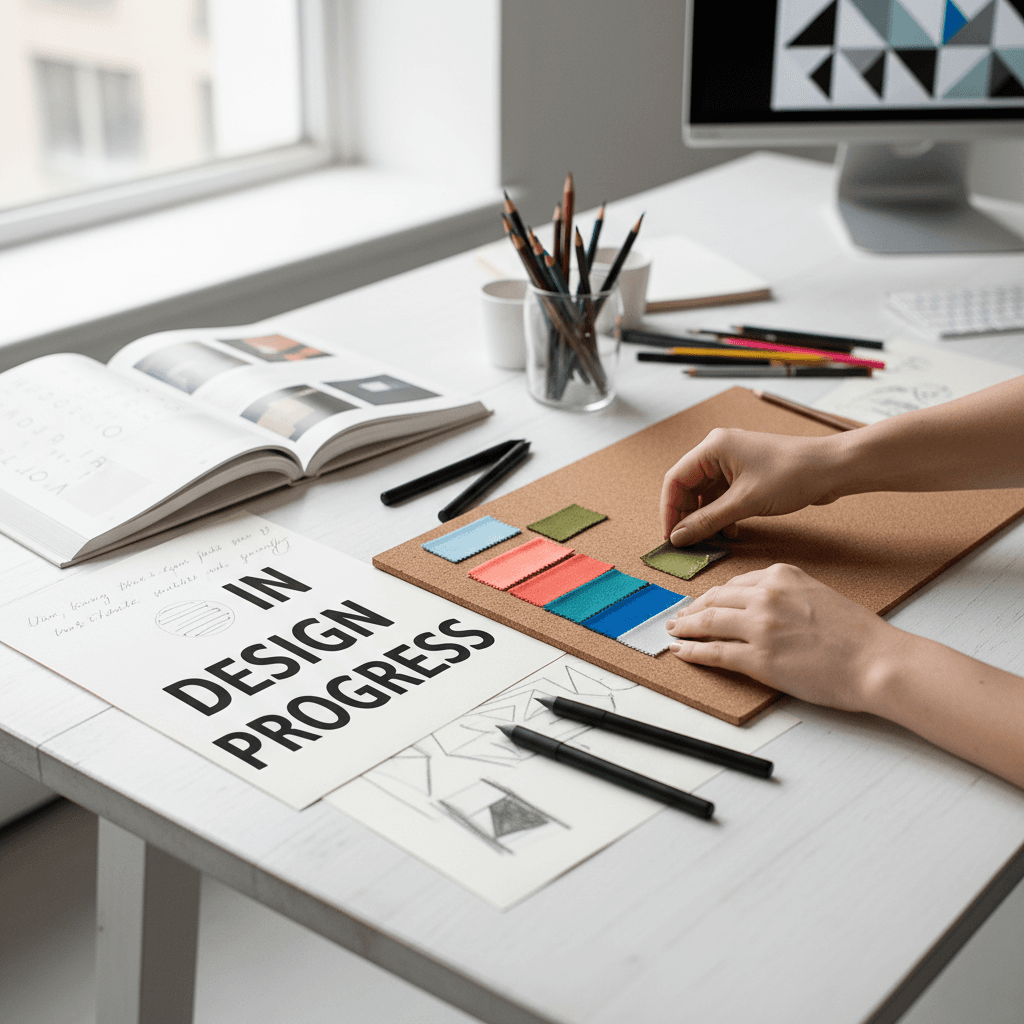 Designer's desk with brand style guide and social media grid on tablet