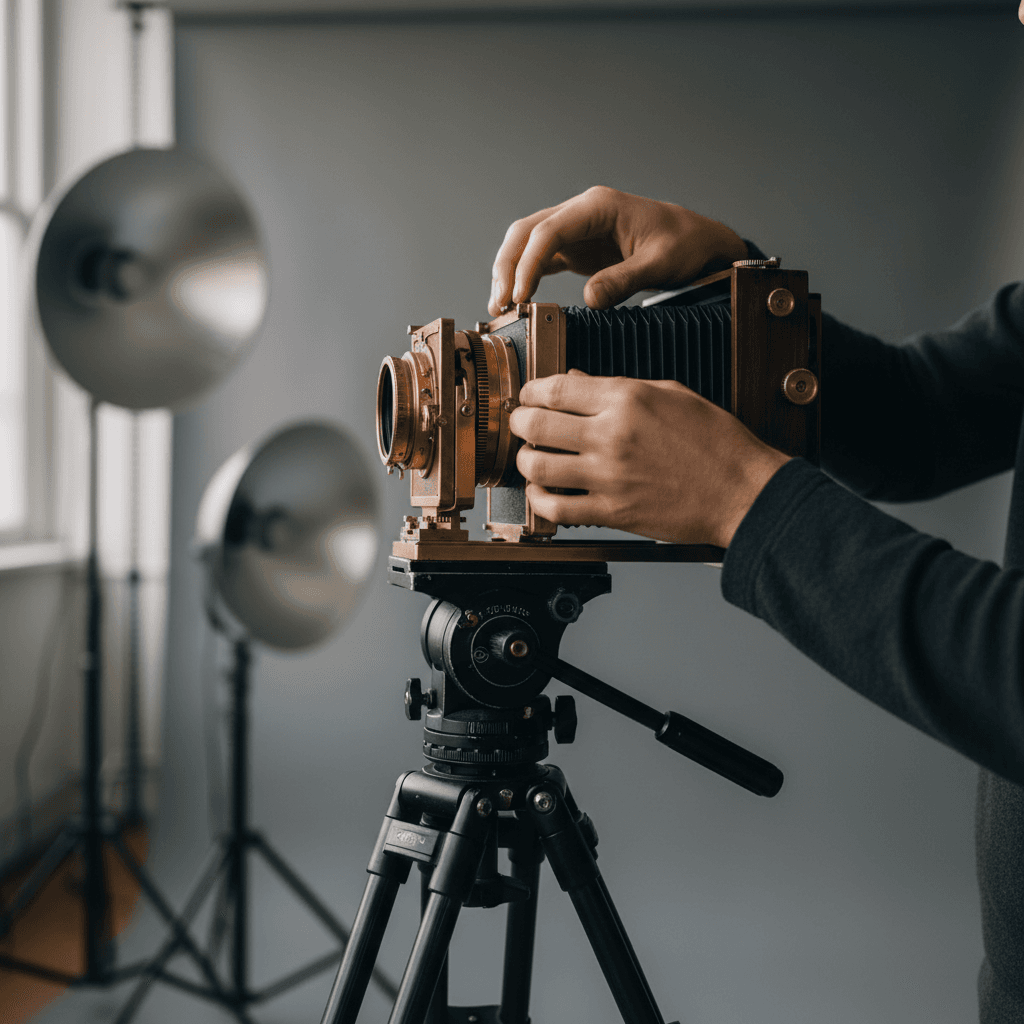 Photographer adjusting a camera on a tripod in a studio