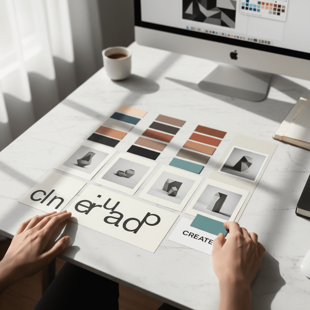 Flat lay of brand color swatches and typography samples