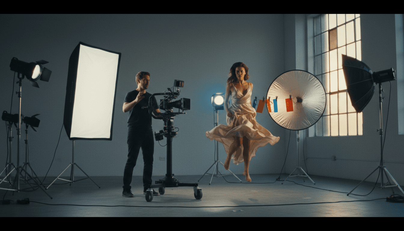 Photographer setting up a camera in a Toronto studio with softbox lighting