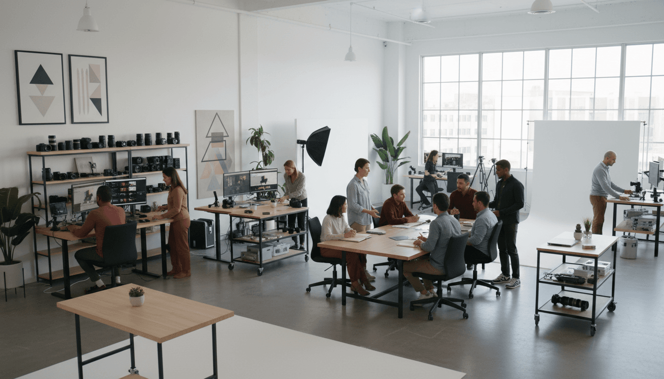 Modern creative studio workspace in Toronto with camera gear and natural light