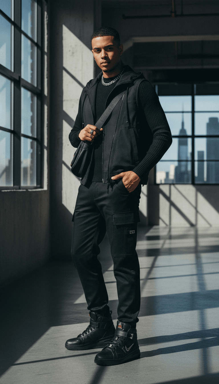 Fashion portrait with dramatic rim lighting in a dark studio
