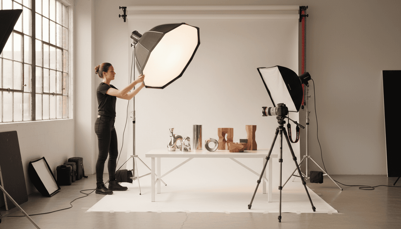 Professional camera equipment on a table in a bright Toronto studio