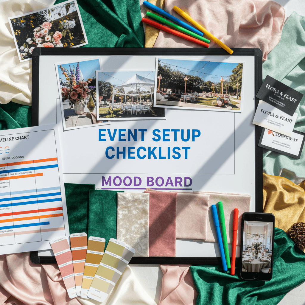 Mood board with reference images and fabric swatches