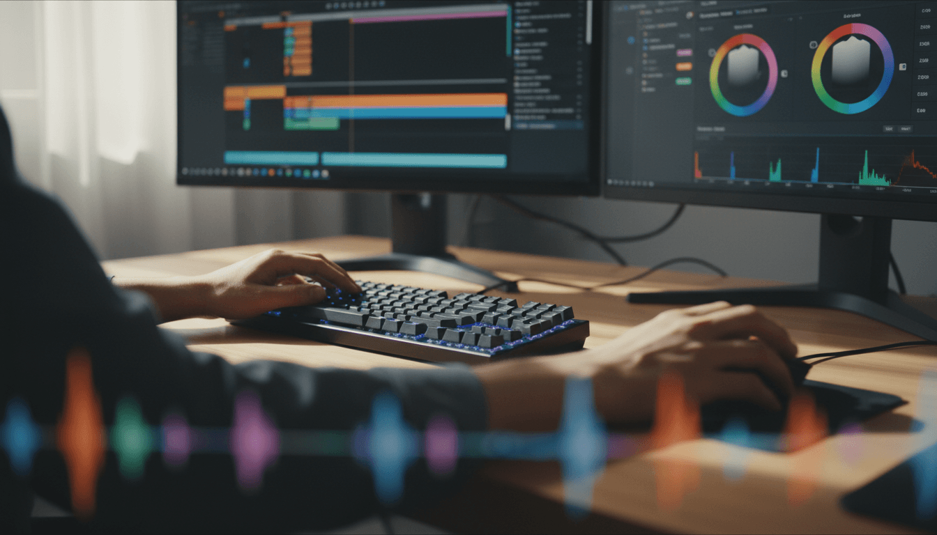 Hands editing a video timeline on a computer monitor