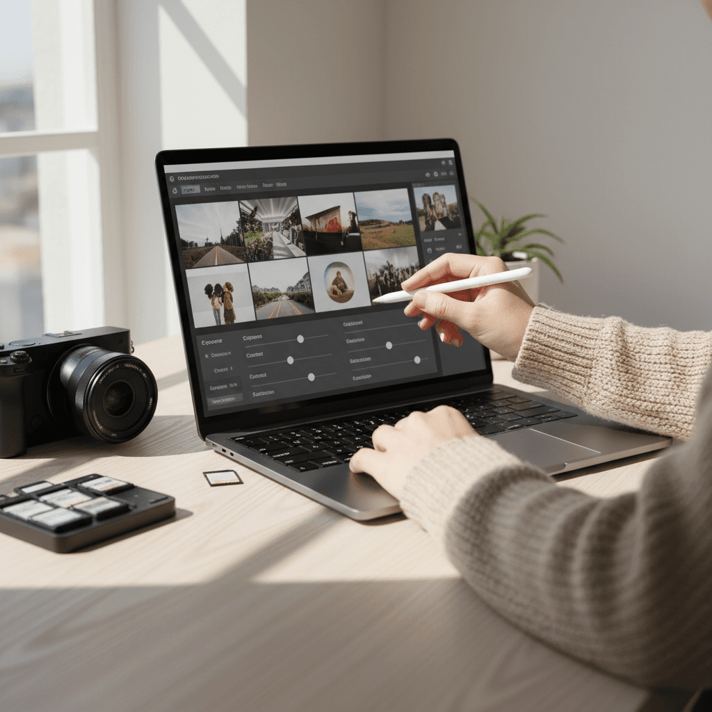 Edited photos being reviewed on a laptop screen
