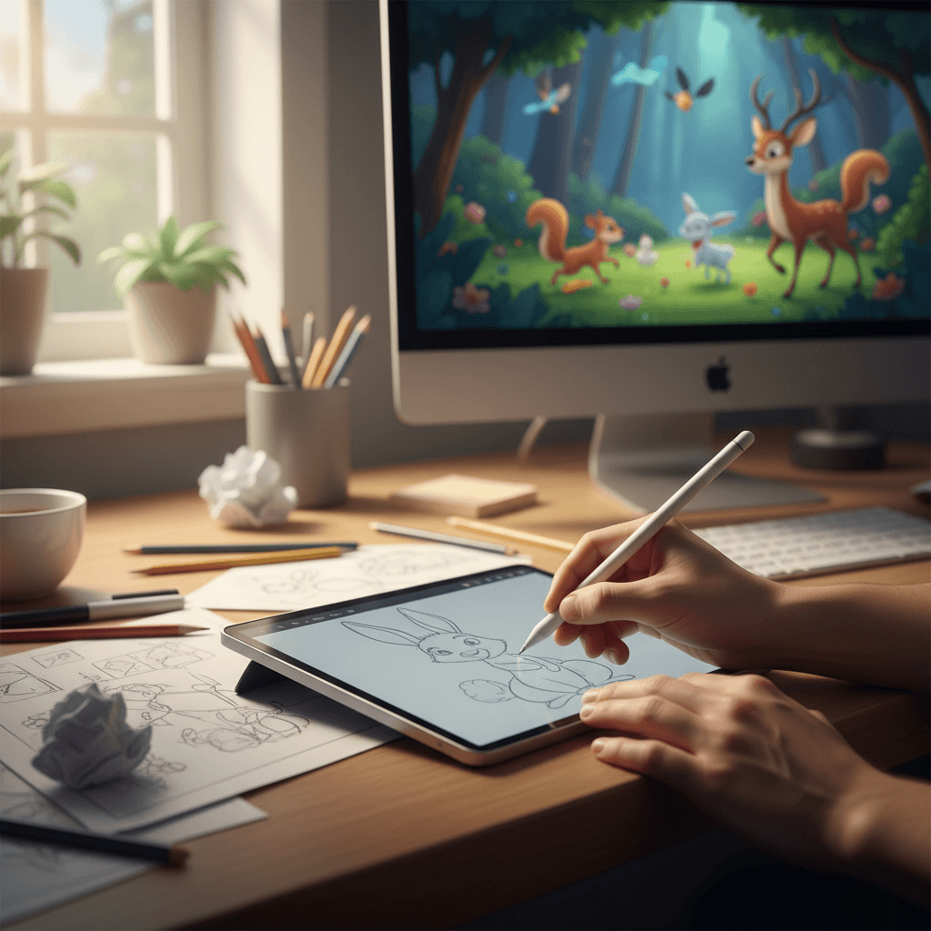 Storyboard sketches on paper next to digital tablet