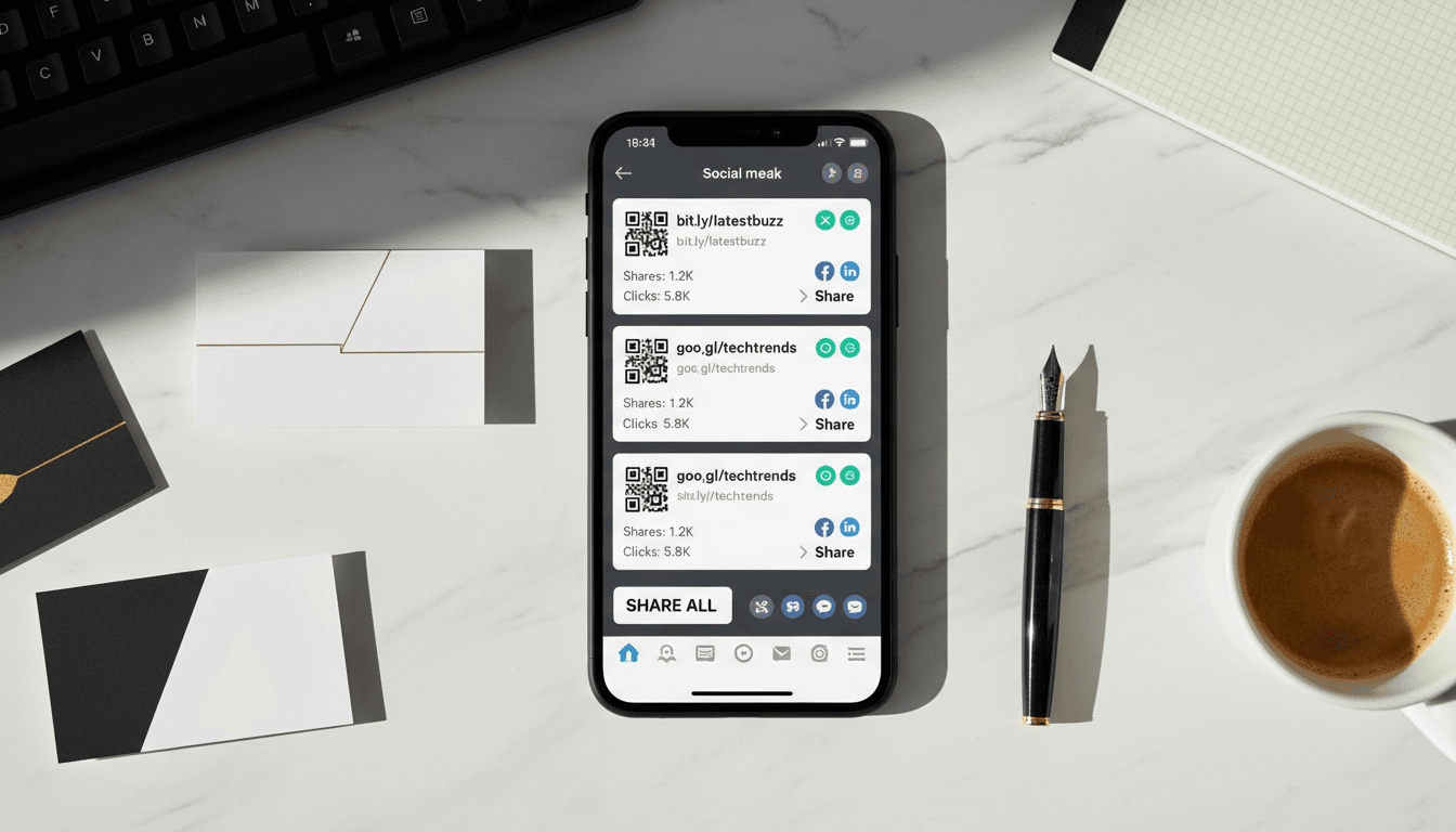 Smartphone showing social media grid with printed brand assets