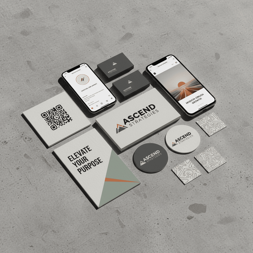 Branded collateral and social media template mockups flat lay