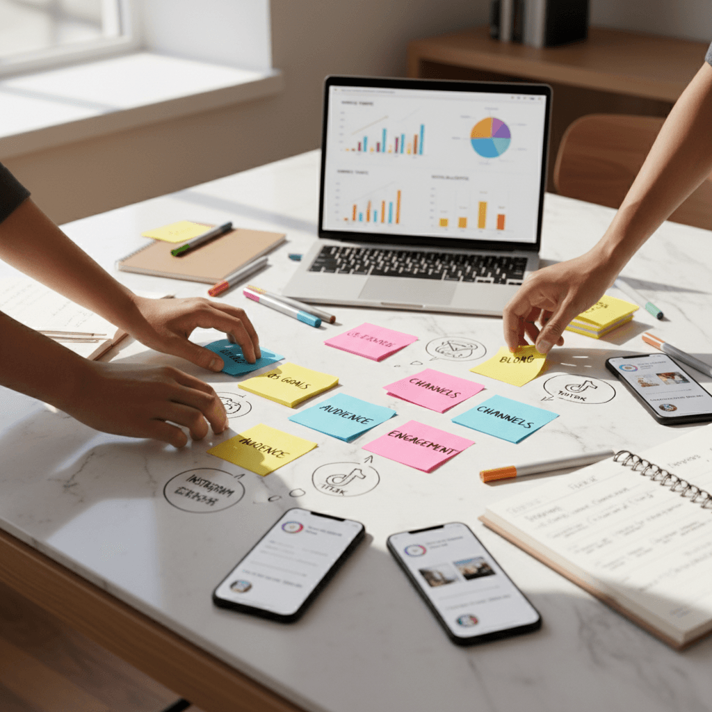 Content calendar and smartphone displaying a social media grid on a desk