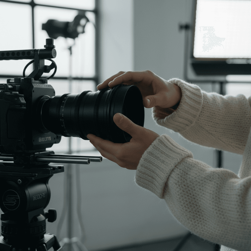 Photographer adjusting lens on tripod for product shoot