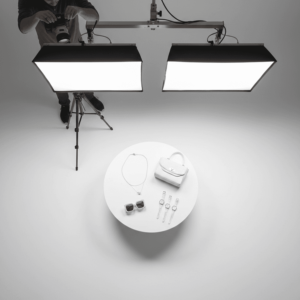 Studio setup with softbox lights and camera on tripod