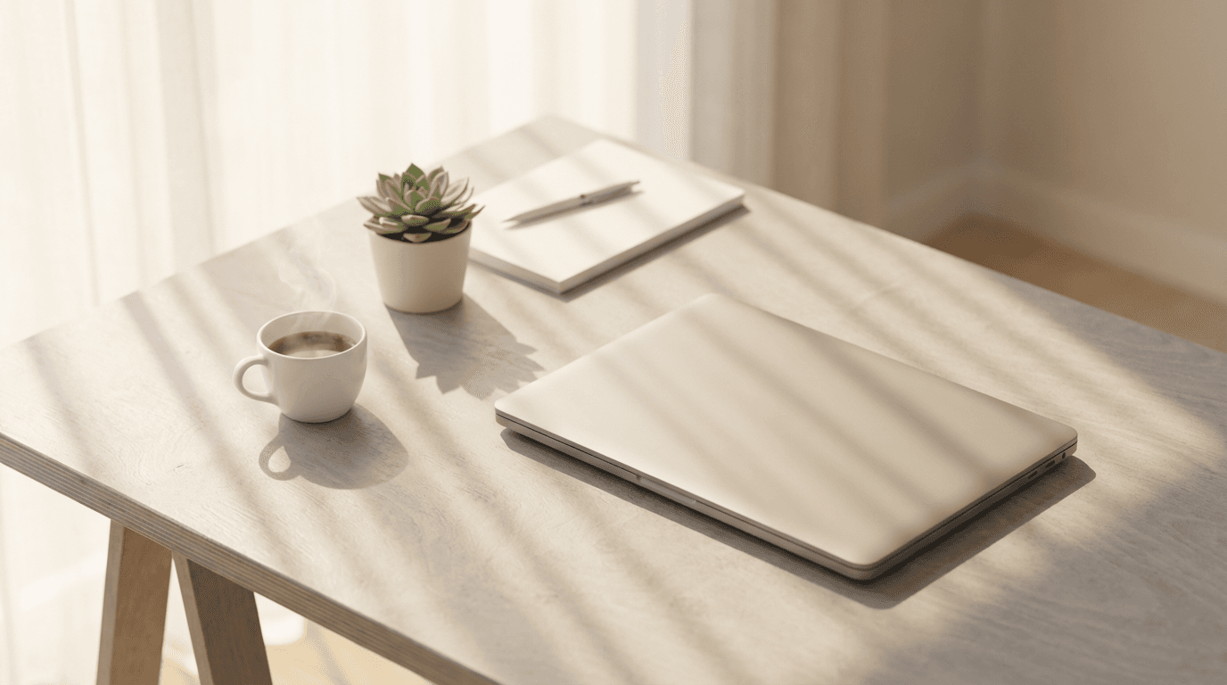 Workspace with wireframe layout and color palette cards