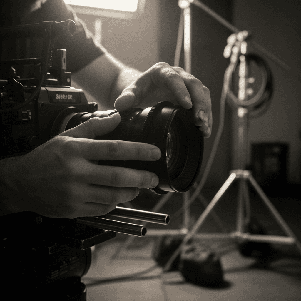 Adjusting a cinema lens on a video camera in the studio